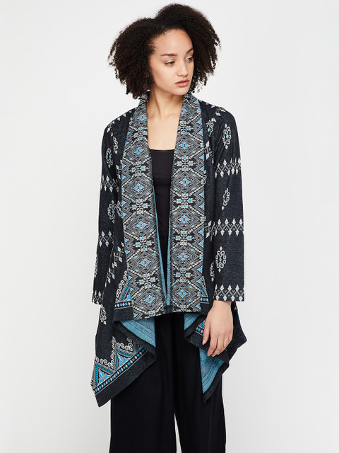 

Melange by Lifestyle Women Black & Blue Printed Open Front Shrug