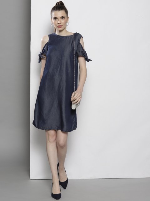 

DOROTHY PERKINS Women Navy Blue Solid Cold-Shoulder A-Line Chambray Dress