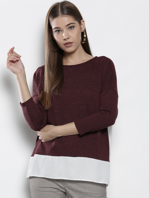 

DOROTHY PERKINS Women Burgundy & White Solid Panelled Top