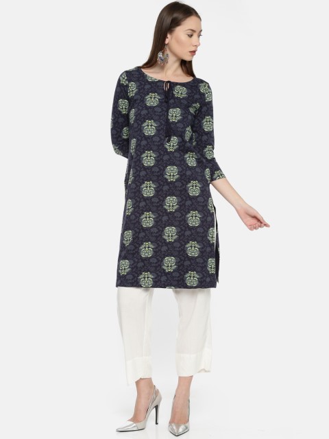 

Melange by Lifestyle Women Navy Blue & Green Printed Straight Kurta