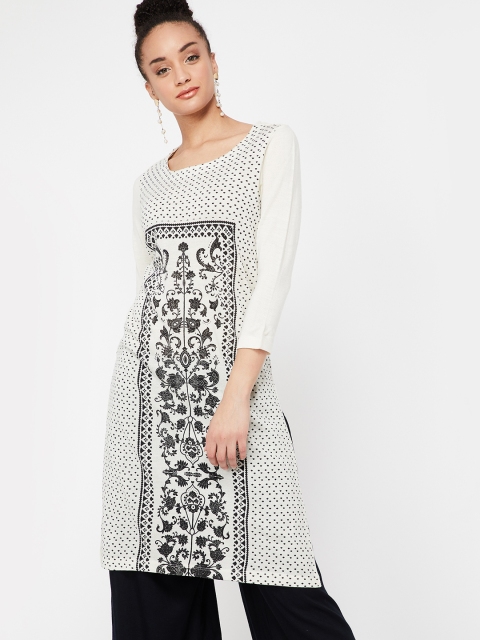 

Melange by Lifestyle Women Off-White & Black Printed Straight Winter Kurta