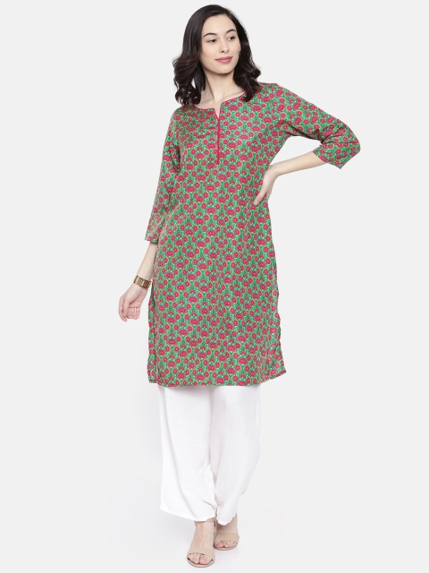 

Melange by Lifestyle Women Green & Pink Printed Straight Kurta
