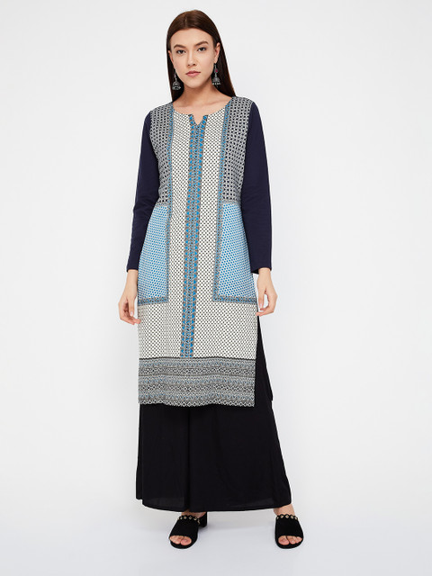 

Melange by Lifestyle Women White & Blue Printed Straight Kurta