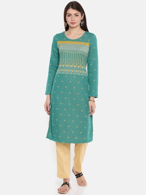 

Melange by Lifestyle Women Turquoise Blue Printed Knitted Straight Kurta