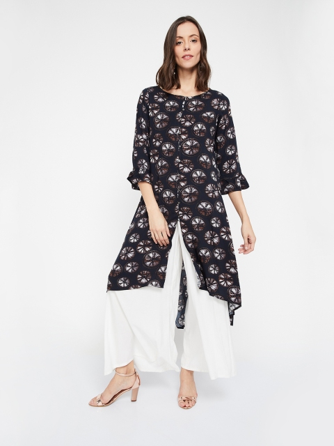 

Melange by Lifestyle Women Black & Off-White Printed A-Line Kurta, Navy blue