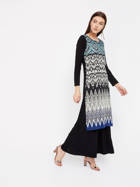 

Melange by Lifestyle Women Black & White Printed Straight Kurta