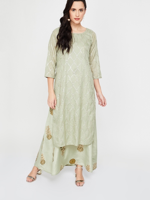 

Melange by Lifestyle Women Green Woven Design Straight Kurta