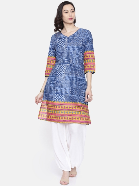

Melange by Lifestyle Women Blue & Mustard Yellow Printed Straight Kurta