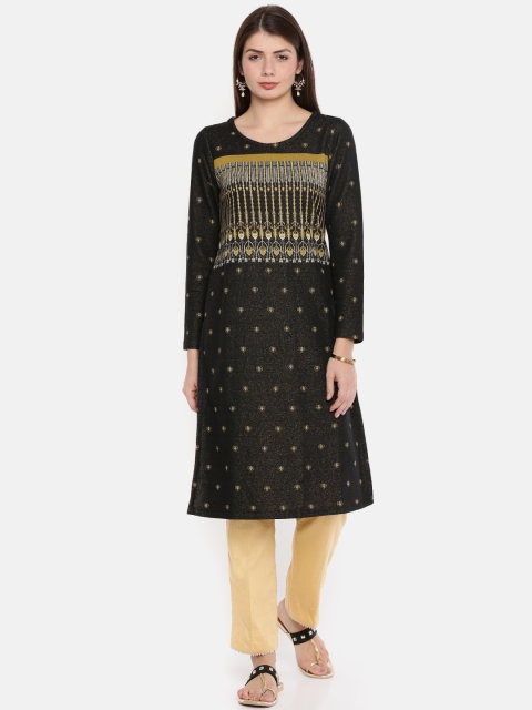 

Melange by Lifestyle Women Black & Mustard Yellow Printed Knitted Straight Kurta