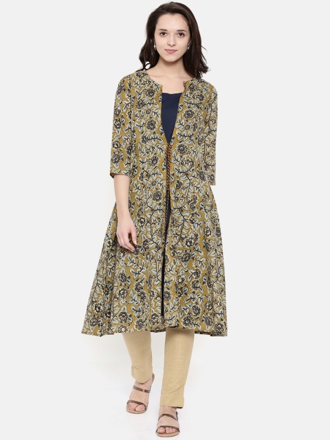 

Melange by Lifestyle Women Olive Green & Navy Blue Printed A-Line Kurta