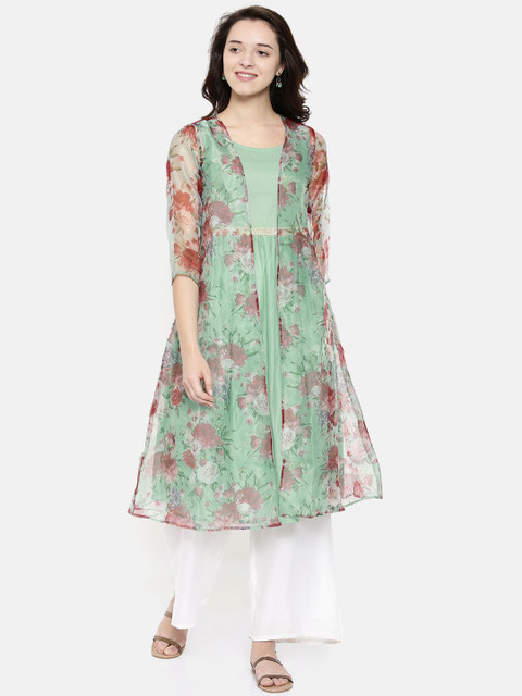 

Melange by Lifestyle Women Green & Maroon Printed A-Line Kurta