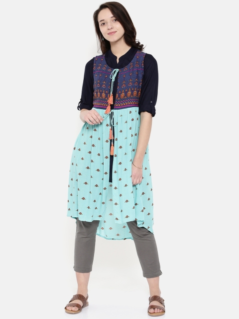 

Colour Me by Melange Women Turquoise Blue Printed Ethnic Jacket