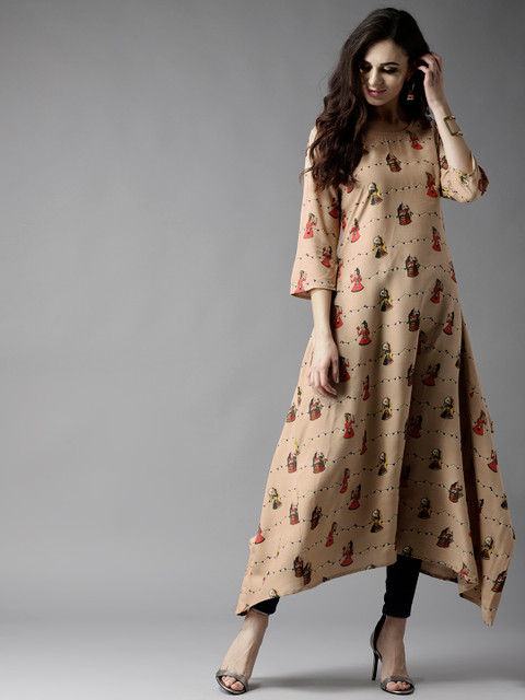 

Moda Rapido Women Beige Quirky Print Asymmetric A-Line Kurta