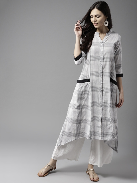 

Moda Rapido Women White & Grey Printed A-Line Kurta