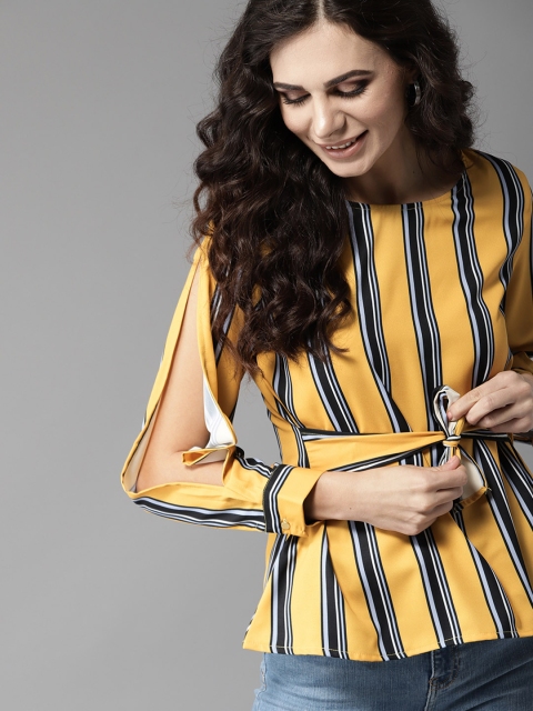 

Moda Rapido Women Mustard Yellow & Black Striped Cinched Waist Top