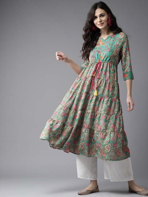 

Moda Rapido Women Sea Green & Pink Printed Tiered A-Line Kurta