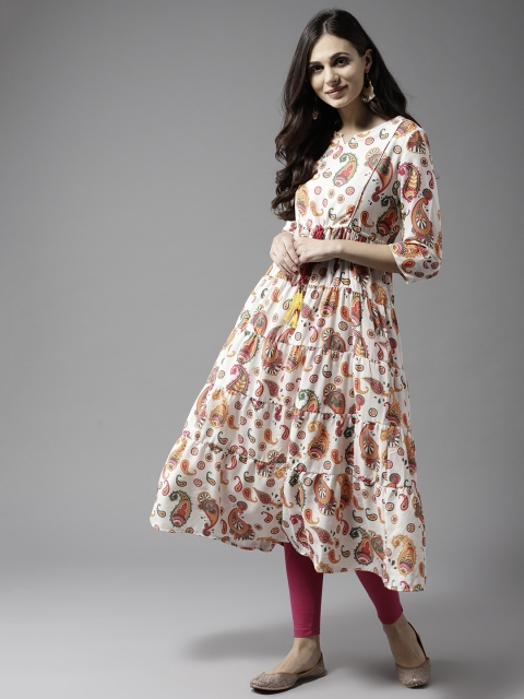 

Moda Rapido Women White & Orange Printed Tiered A-Line Kurta
