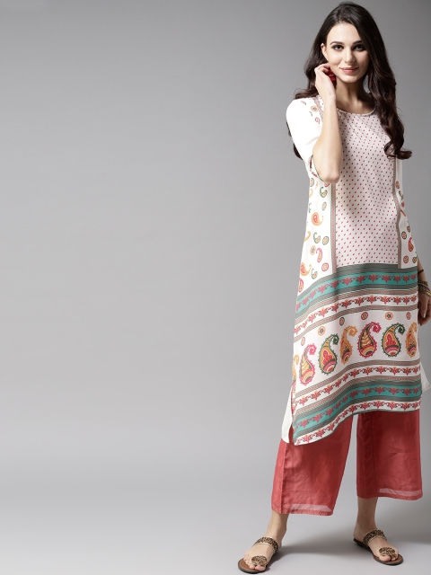

Moda Rapido Women Off-White & Orange Printed A-Line Kurta