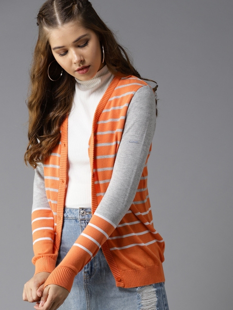 

HERE&NOW Women Orange & Grey Melange Striped Cardigan
