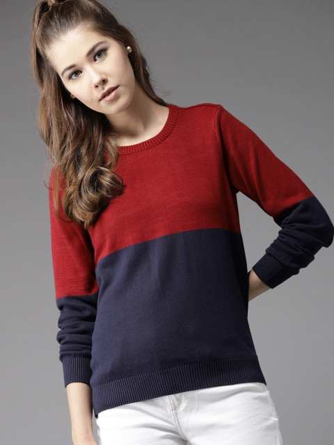

HERE&NOW Women Maroon & Navy Blue Colourblocked Pullover