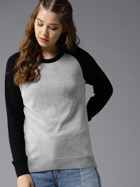 

HERE&NOW Women Grey Melange & Black Solid Pullover