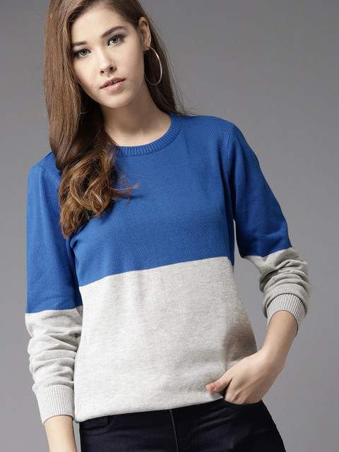 

HERE&NOW Women Blue & Grey Colourblocked Pullover