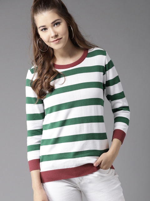 

HERE&NOW Women White & Green Striped Pullover