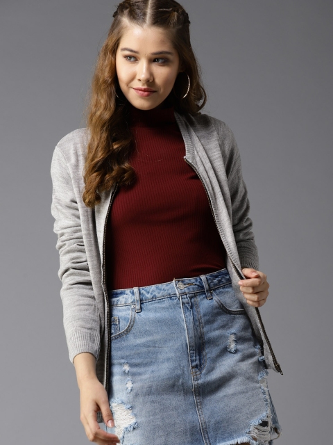 

HERE&NOW Women Grey Melange Solid Cardigan