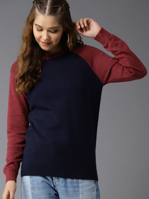 

HERE&NOW Women Navy Blue & Maroon Solid Pullover