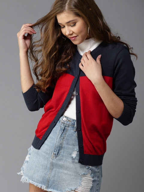 

HERE&NOW Women Navy Blue & Red Colourblocked Cardigan