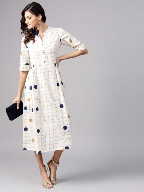 

Tulsattva Women Off-White Checked Midi A-Line Dress with Printed Detail