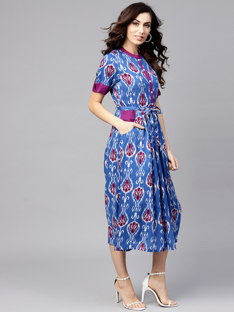 

Tulsattva Women Blue Printed Midi A-Line Dress