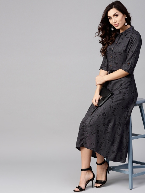 

Tulsattva Women Charcoal Grey Printed Midi Shirt Dress