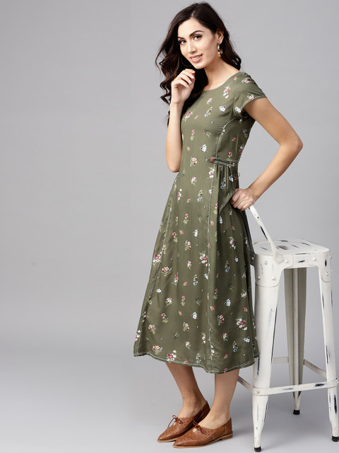 

Tulsattva Women Olive Green Printed Midi A-Line Dress