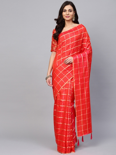 

Saree mall Coral Red & Golden Checked Banarasi Saree