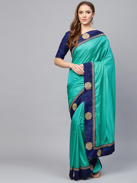 

Saree mall Sea Green & Navy Blue Solid Saree
