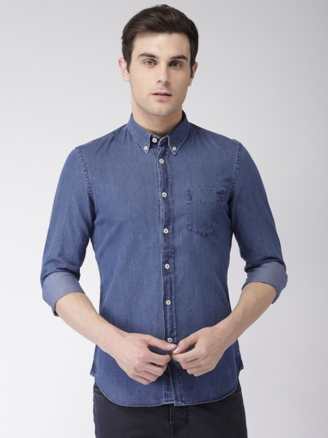 

GAS Men Blue Slim Fit Solid Casual Chambray Shirt