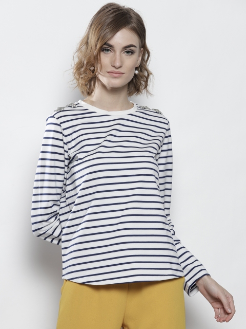 

DOROTHY PERKINS Women White & Navy Blue Striped Top