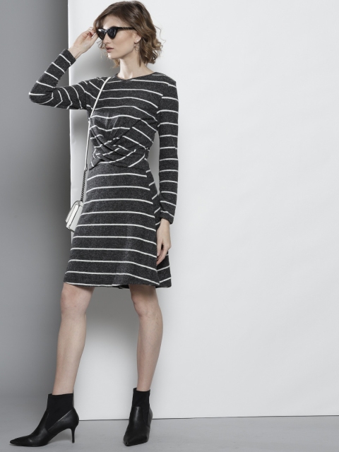 

DOROTHY PERKINS Women Charcoal Grey & White Striped Sweater Dress