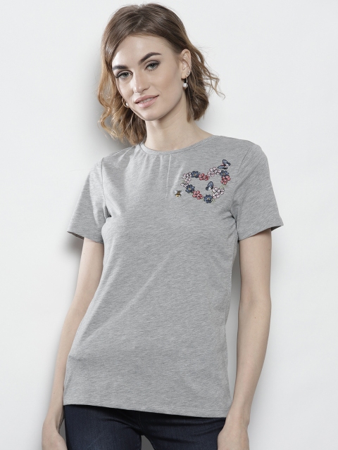 

DOROTHY PERKINS Women Grey Melange Solid Round Neck T-shirt
