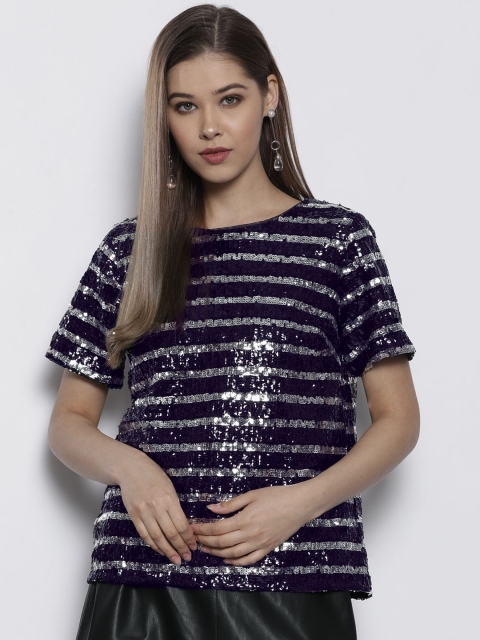 

DOROTHY PERKINS Women Navy Blue Striped Sequinned Top