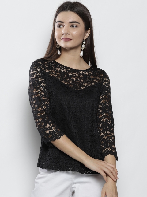 

DOROTHY PERKINS Women Black Lace Semi Sheer Styled Back Top