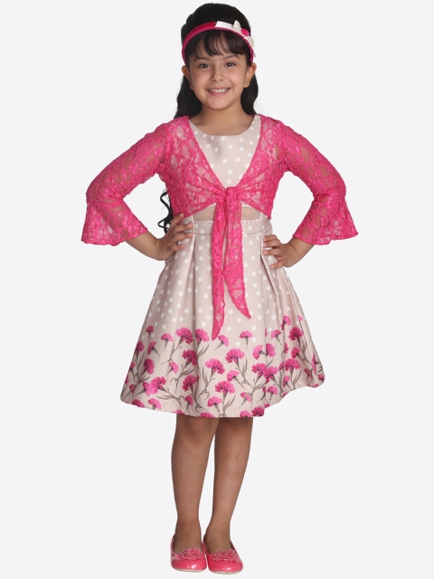 

CUTECUMBER Girls Beige Printed Fit and Flare Dress
