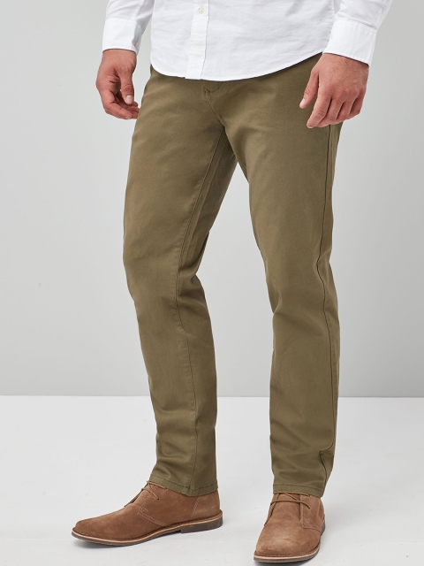 

next Men Olive Green Straight Fit Solid Regular Trousers