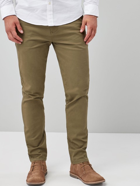 

next Men Olive Green Slim Fit Solid Regular Trousers