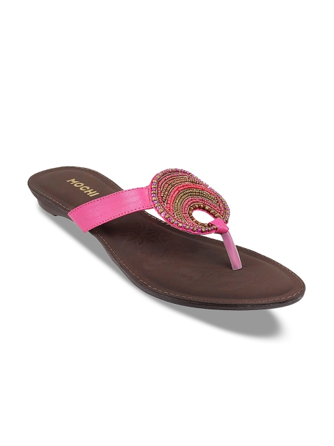 

Mochi Women Pink Woven Design Synthetic T-Strap Flats