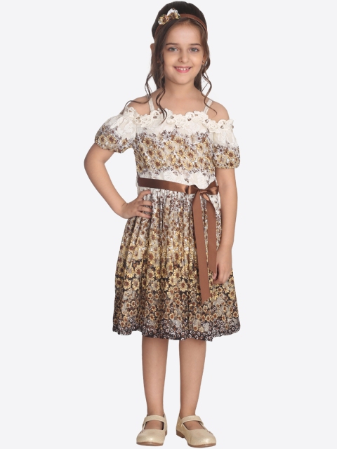 

CUTECUMBER Girls Cream-Coloured Printed Fit and Flare Dress