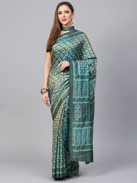 

Saree mall Blue Block Block Print Saree