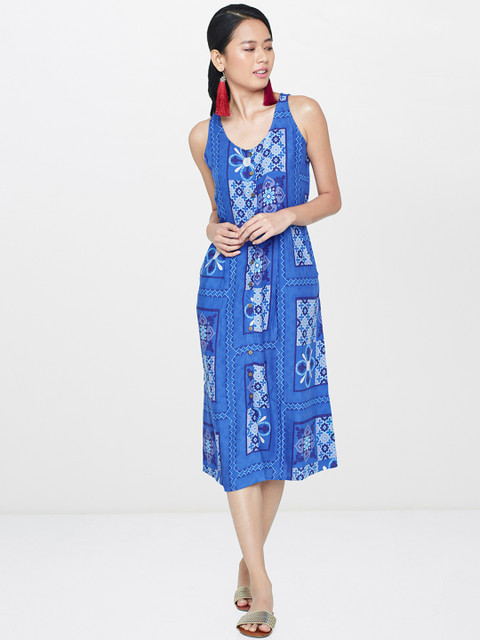 

Global Desi Women Blue Printed A-Line Dress