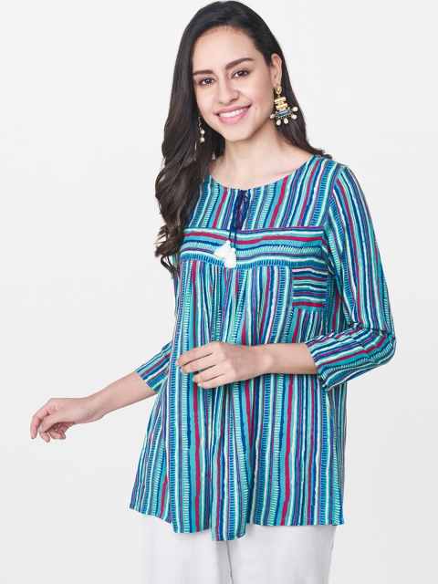 

Global Desi Women Blue & Magenta Striped Top